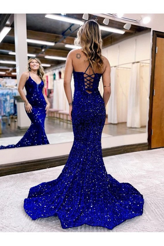 Velvet Sequin V-Neck Sleeveless Court Train Prom Dress Kent