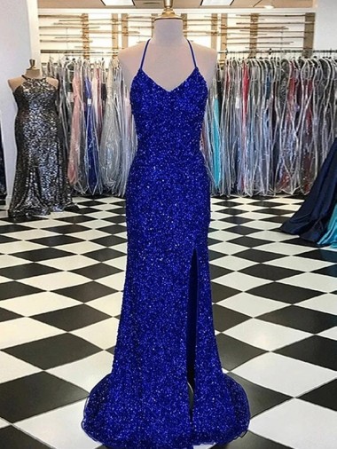 Velvet Sequin V-Neck Sleeveless Royal Blue Sweep Train Prom Dress / Evening Gown Kent