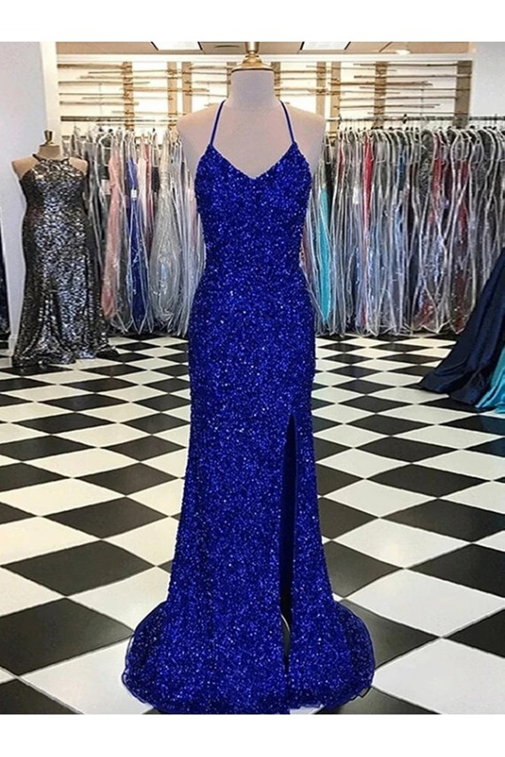 Velvet Sequin V-Neck Sleeveless Royal Blue Sweep Train Prom Dress / Evening Gown Kent