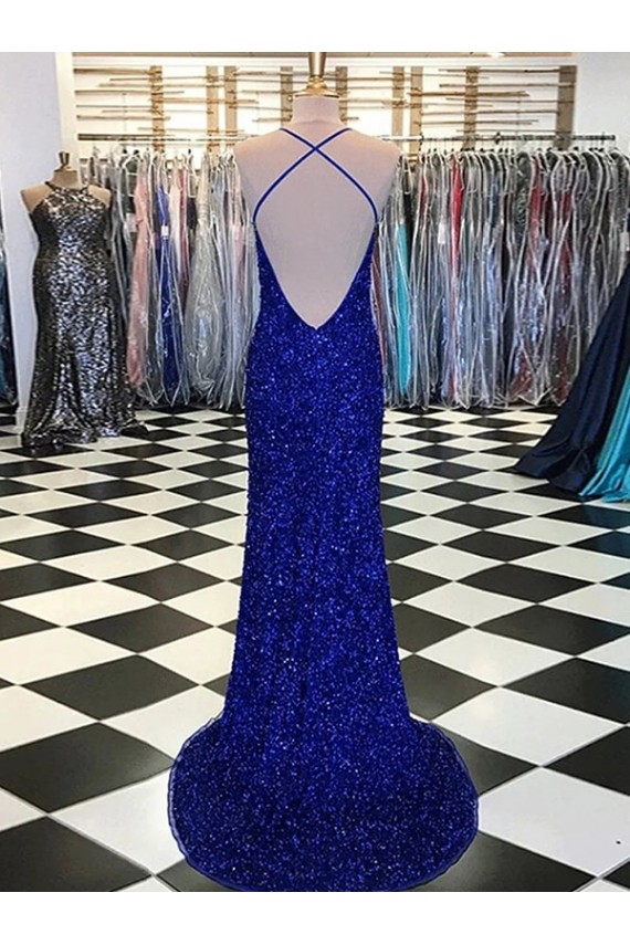 Velvet Sequin V-Neck Sleeveless Royal Blue Sweep Train Prom Dress / Evening Gown Kent