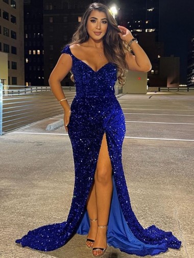 Velvet Sequin V-Neck Sleeveless Sweep Train Dress Kent