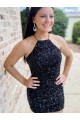 Velvet Sequin Halter Neck Sleeveless Short Prom Dress Kent