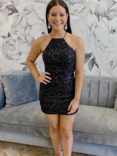 Velvet Sequin Halter Neck Sleeveless Short Prom Dress Kent