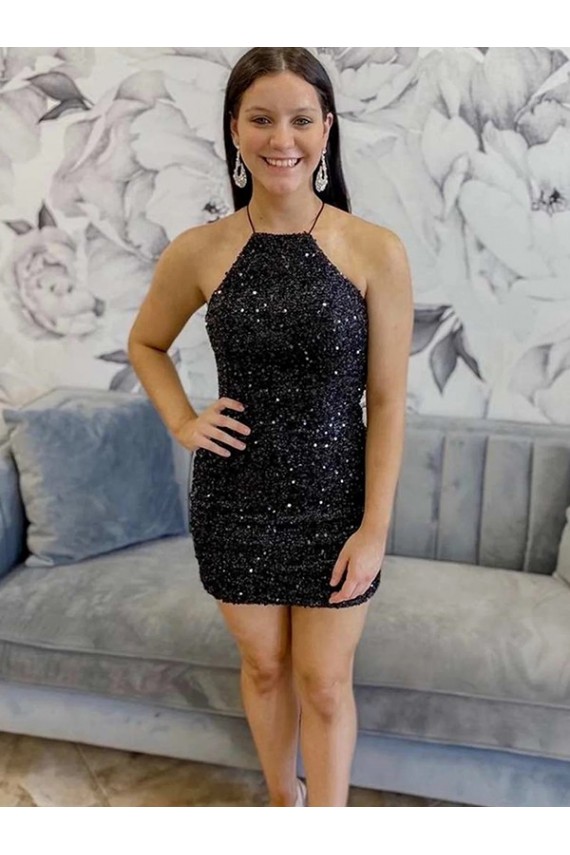 Velvet Sequin Halter Neck Sleeveless Short Prom Dress Kent