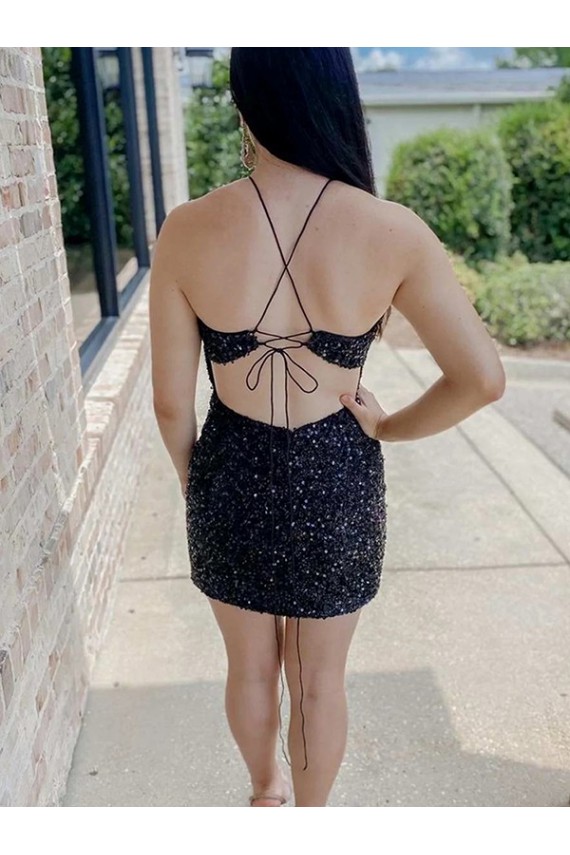 Velvet Sequin Halter Neck Sleeveless Short Prom Dress Kent