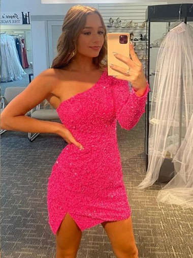 Velvet Sequin One Shoulder Long Sleeves Short Prom Dress / Evening Dress Kent