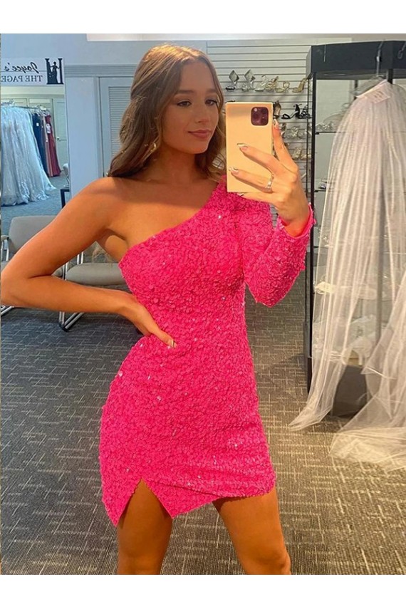 Velvet Sequin One Shoulder Long Sleeves Short Prom Dress / Evening Dress Kent