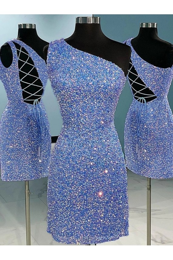 Velvet Sequin One Shoulder Sleeveless Short Prom Dress Kent