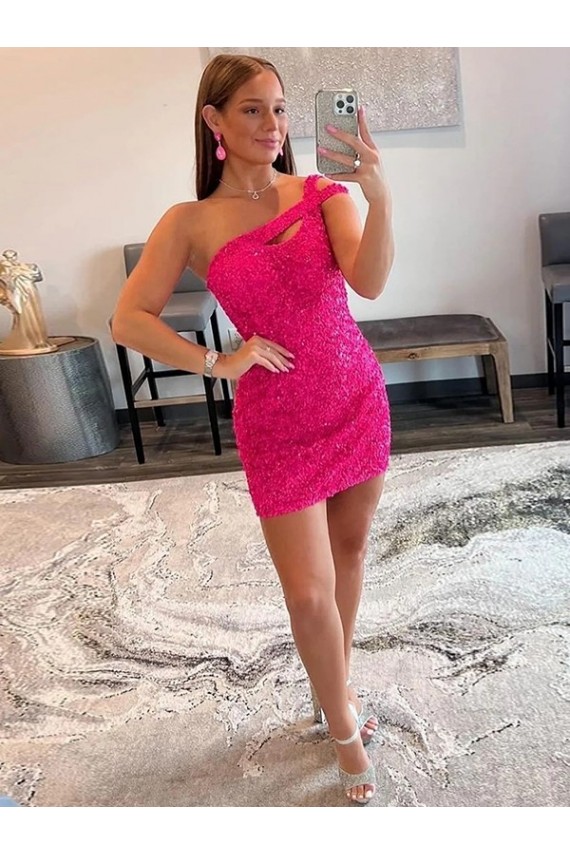 Velvet Sequin One Shoulder Sleeveless Fuchsia Short Prom Dresses Kent
