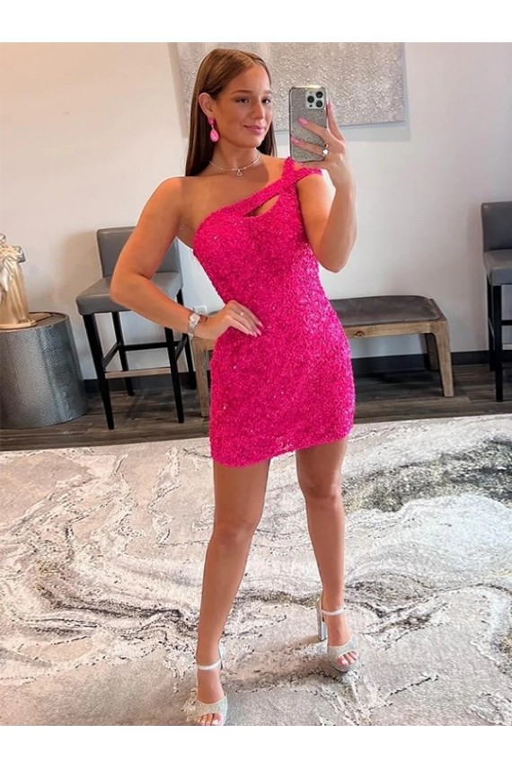 Velvet Sequin One Shoulder Sleeveless Fuchsia Short Prom Dresses Kent