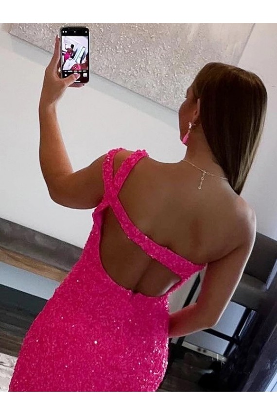 Velvet Sequin One Shoulder Sleeveless Fuchsia Short Prom Dresses Kent