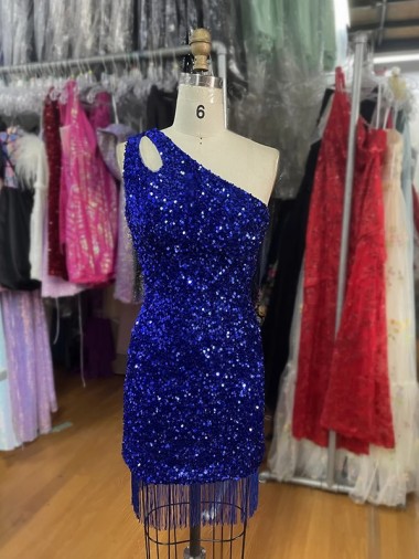 Velvet Sequins One Shoulder Sleeveless Short Homecoming Dress Kent