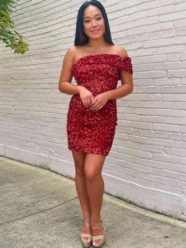 Velvet Sequin One Shoulder Sleeveless Short Prom Dress Kent