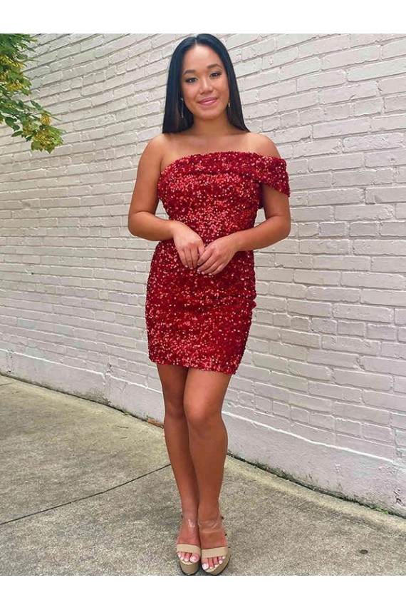 Velvet Sequin One Shoulder Sleeveless Short Prom Dress Kent