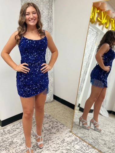 Velvet Sequin Spaghetti Straps Sleeveless Royal Blue Short Prom Dress Kent