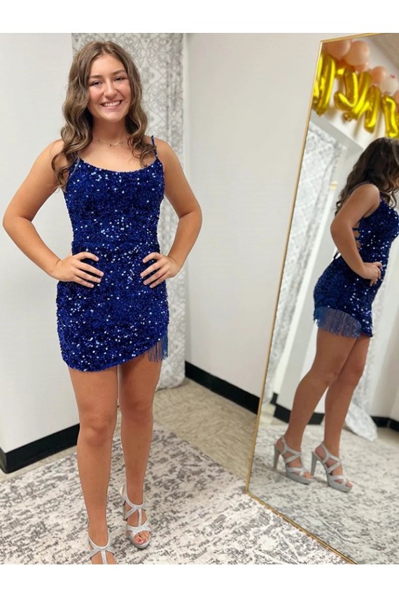 Velvet Sequin Spaghetti Straps Sleeveless Royal Blue Short Prom Dress Kent