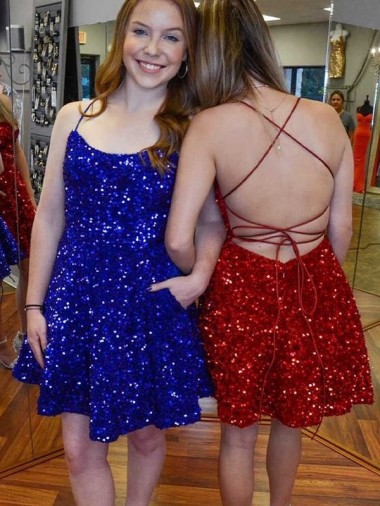 Velvet Sequin Spaghetti Straps Sleeveless A-Line Short Prom Dress Kent