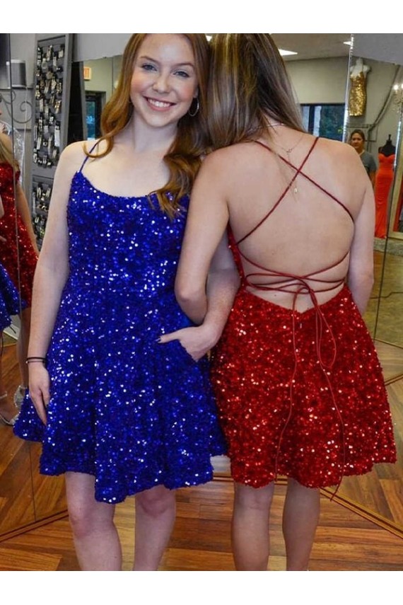 Velvet Sequin Spaghetti Straps Sleeveless A-Line Short Prom Dress Kent