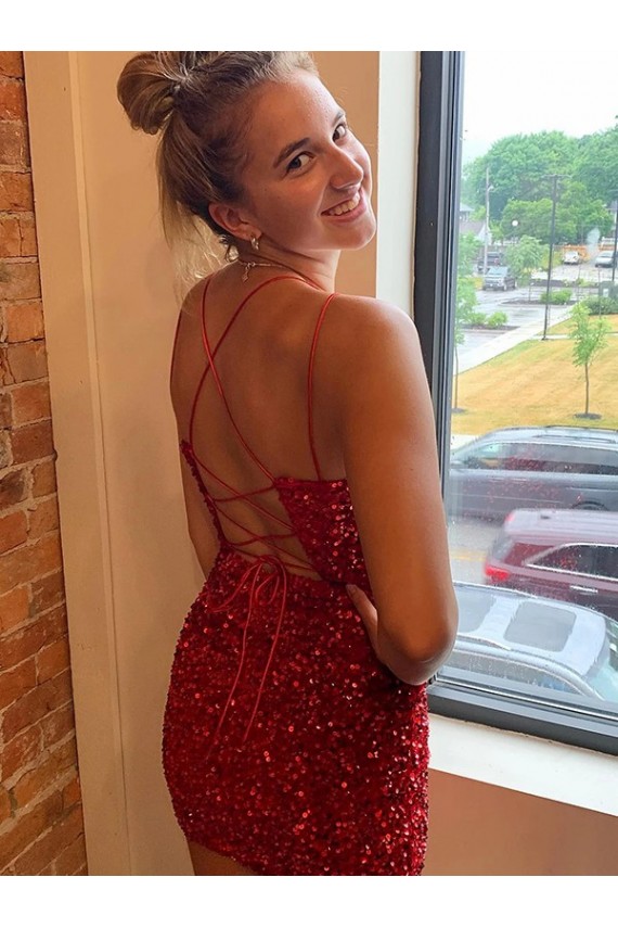 Velvet Sequin V-Neck Sleeveless Short Evening Gown Kent
