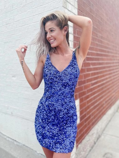 Velvet Sequin V-Neck Sleeveless Short Evening Dress Kent