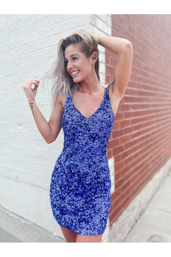 Velvet Sequin V-Neck Sleeveless Short Evening Dress Kent