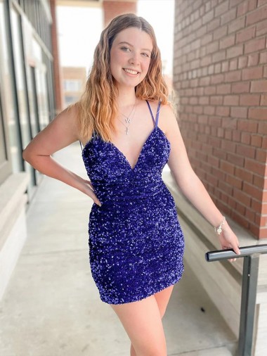 Velvet Sequin V-Neck Sleeveless Short Cocktail Dress / Prom Dress Kent