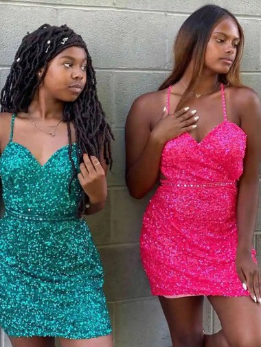 Velvet Sequin V-Neck Sleeveless Short Prom Dress Kent