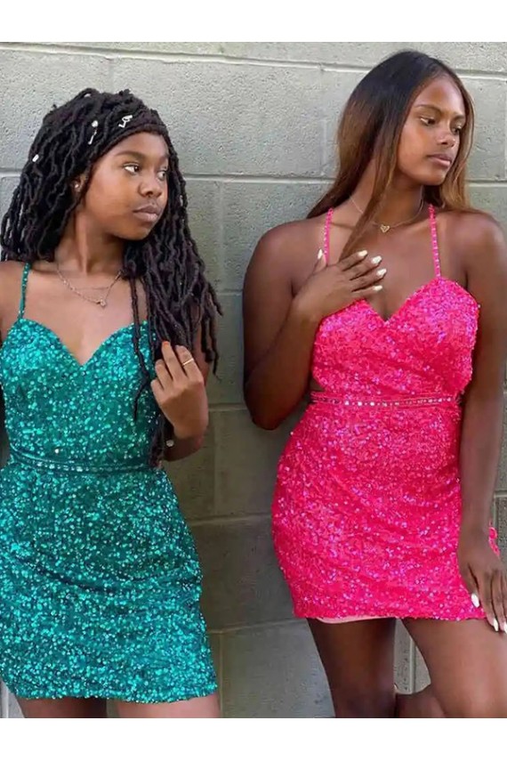 Velvet Sequin V-Neck Sleeveless Short Prom Dress Kent