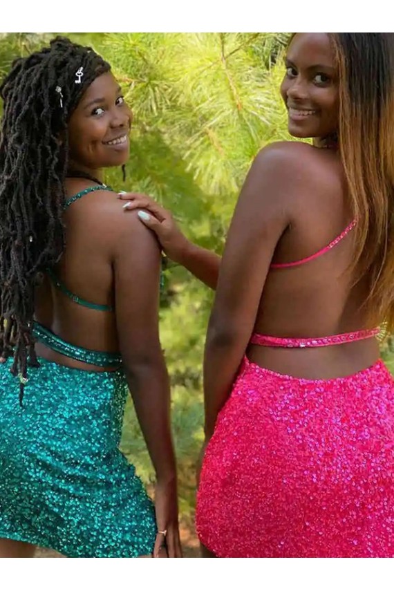 Velvet Sequin V-Neck Sleeveless Short Prom Dress Kent