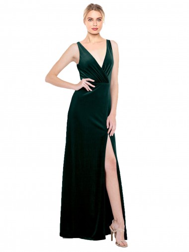 Stretch Velvet V-Neck Sleeveless V-Back Dark Green Long Black Tie Evening Dress / Prom Dress / Bridesmaid Dress Kent