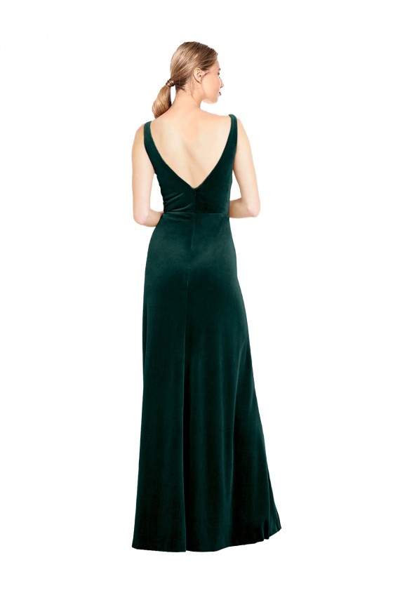 Stretch Velvet V-Neck Sleeveless V-Back Dark Green Long Black Tie Evening Dress / Prom Dress / Bridesmaid Dress Kent