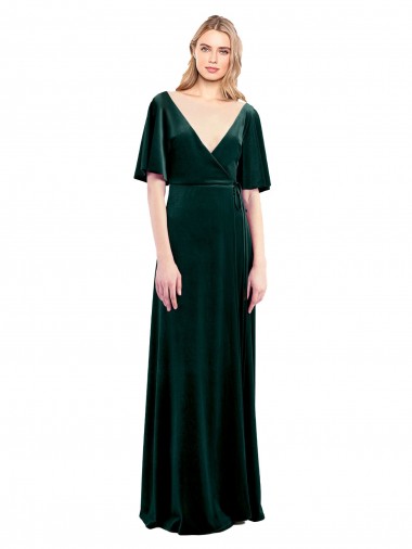 Stretch Velvet V-Neck Flutter Sleeves V-Back Long Prom Dress / Bridesmaid Dress Kent
