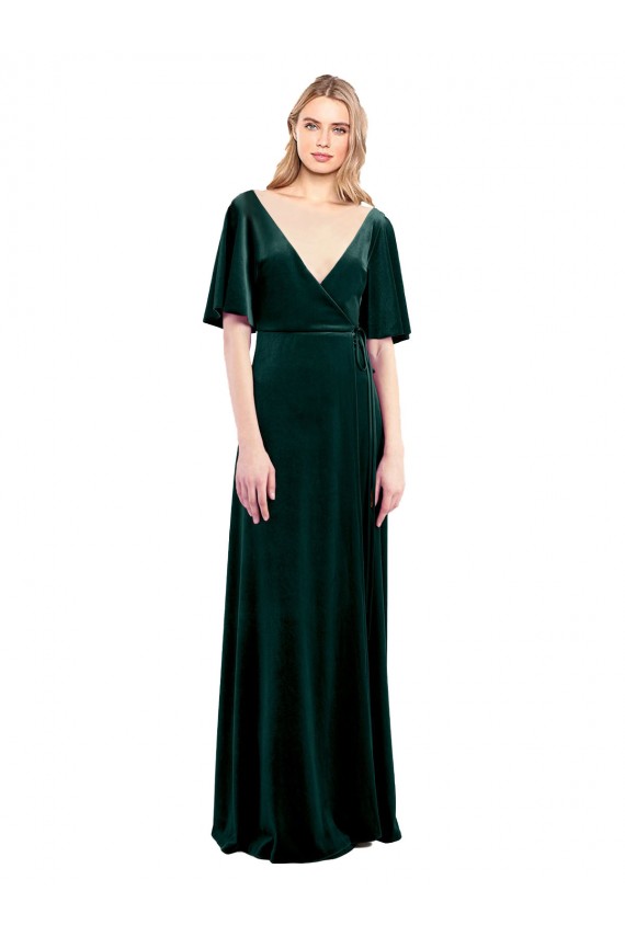 Stretch Velvet V-Neck Flutter Sleeves V-Back Long Prom Dress / Bridesmaid Dress Kent