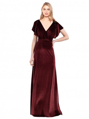 Stretch Velvet V-Neck Flutter Sleeves V-Back Burgundy Long Prom Dress / Bridesmaid Dress Kent