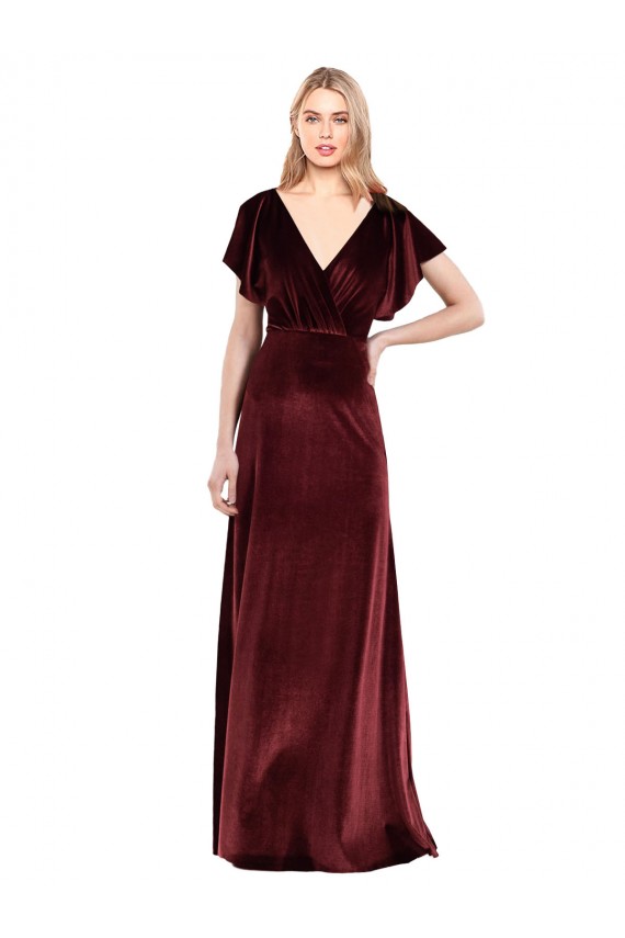 Stretch Velvet V-Neck Flutter Sleeves V-Back Burgundy Long Prom Dress / Bridesmaid Dress Kent