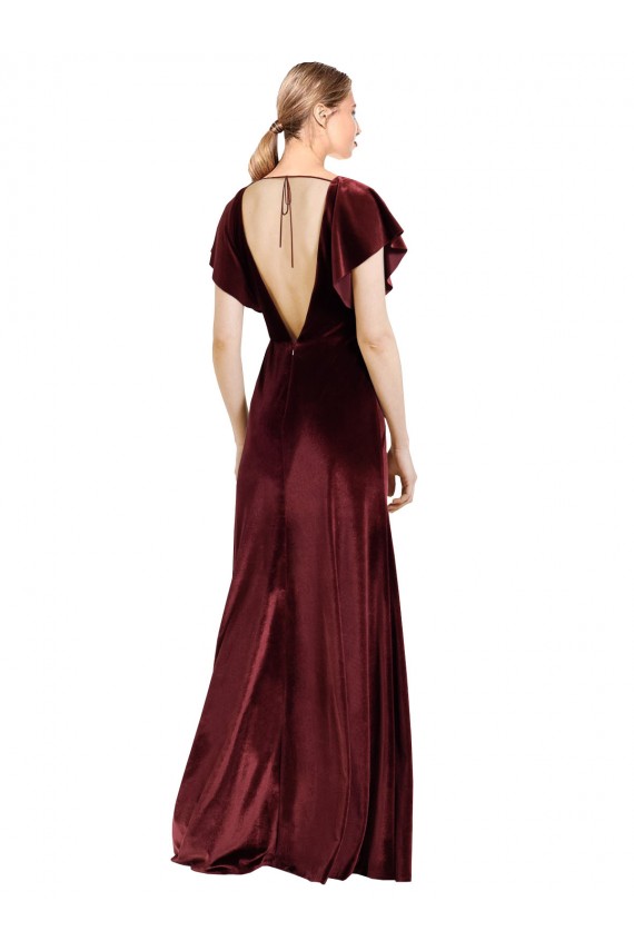 Stretch Velvet V-Neck Flutter Sleeves V-Back Burgundy Long Prom Dress / Bridesmaid Dress Kent