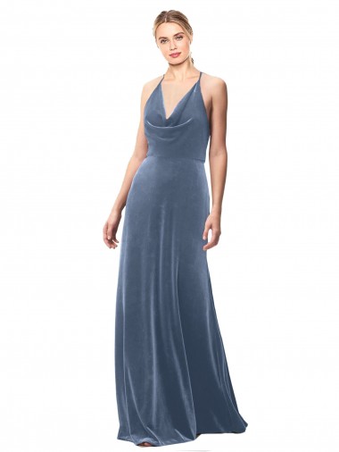 Stretch Velvet Spaghetti Straps Sleeveless Keyhole Back Long Prom Dress / Bridesmaid Dress Kent
