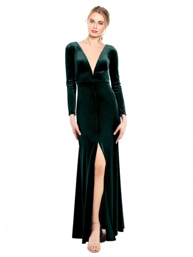 Stretch Velvet V-Neck Long Sleeves Open Back Long Black Tie Prom Dress / Bridesmaid Dress Kent