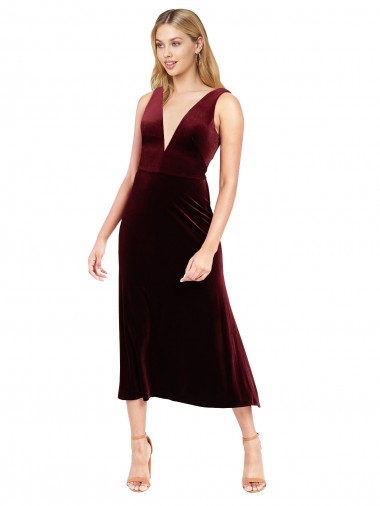Stretch Velvet V-Neck Sleeveless V-Back Burgundy Midi Length Prom Dress / Bridesmaid Dress Kent