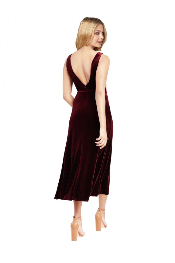 Stretch Velvet V-Neck Sleeveless V-Back Burgundy Midi Length Prom Dress / Bridesmaid Dress Kent