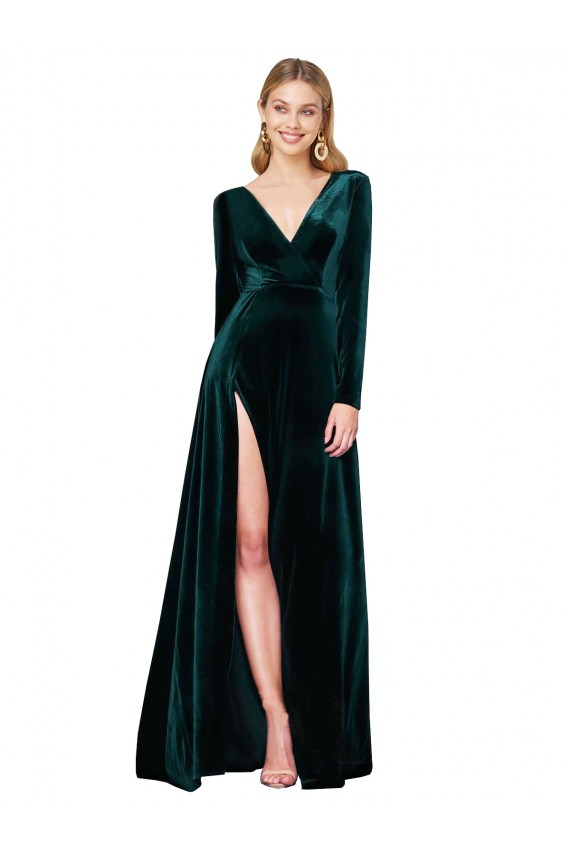 Stretch Velvet V-Neck Long Sleeves Sweep Train Black Tie Evening Gown / Prom Dress / Bridesmaid Dress Kent