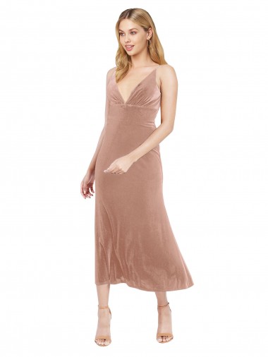 Stretch Velvet V-Neck Sleeveless V-Back Midi Length Prom Dress / Bridesmaid Dress Kent