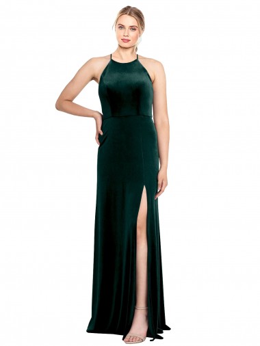 Stretch Velvet Spaghetti Straps Sleeveless Keyhole Back Dark Green Long Prom Dress / Bridesmaid Dress Kent