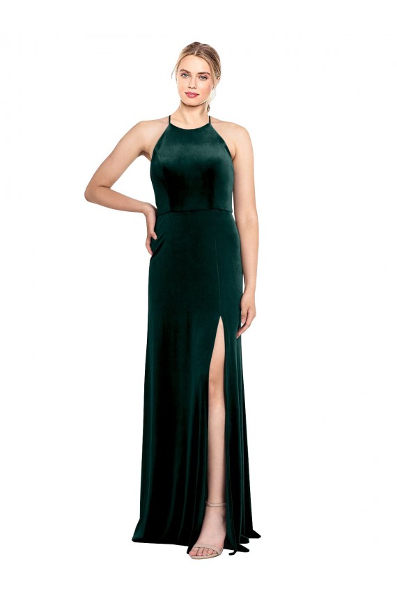 Stretch Velvet Spaghetti Straps Sleeveless Keyhole Back Dark Green Long Prom Dress / Bridesmaid Dress Kent