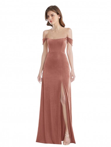 Stretch Velvet Off the Shoulder Sleeveless Cinnamon Rose Long Semi Formal Evening Dress / Prom Dress / Bridesmaid Dress Kent