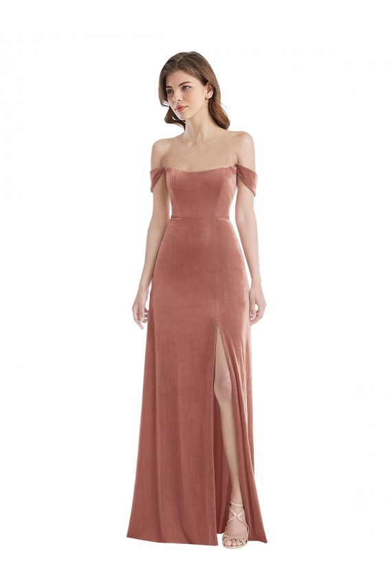 Stretch Velvet Off the Shoulder Sleeveless Cinnamon Rose Long Semi Formal Evening Dress / Prom Dress / Bridesmaid Dress Kent