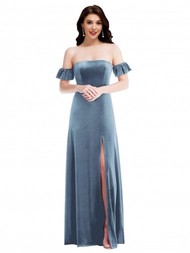 Stretch Velvet Off the Shoulder Ruffle Sleeves Low Back Long Formal Dress / Bridesmaid Dress Kent