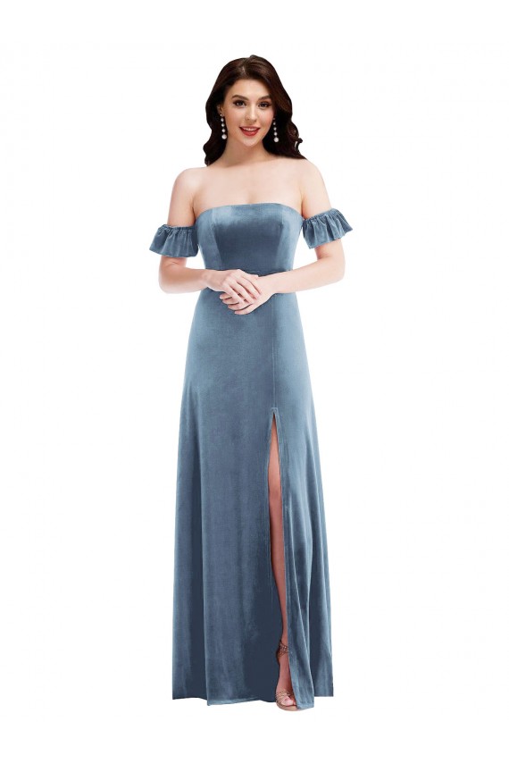 Stretch Velvet Off the Shoulder Ruffle Sleeves Low Back Long Formal Dress / Bridesmaid Dress Kent