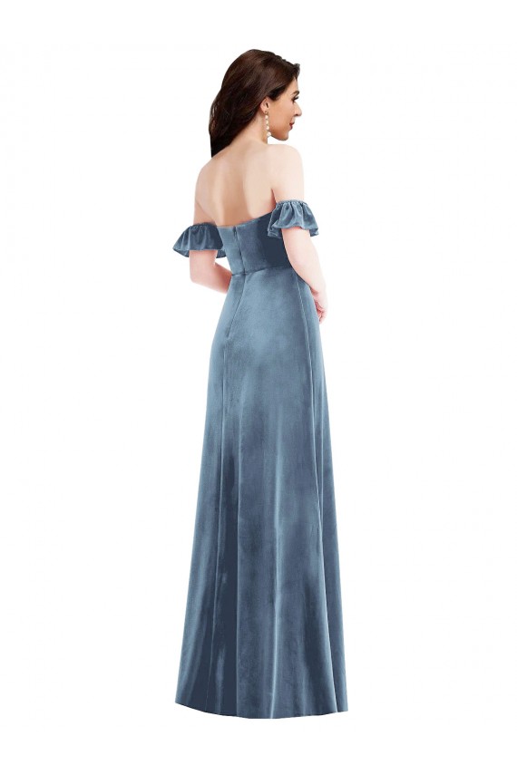 Stretch Velvet Off the Shoulder Ruffle Sleeves Low Back Long Formal Dress / Bridesmaid Dress Kent