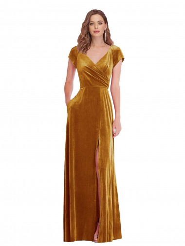 Stretch Velvet V-Neck Cap Sleeves Long Formal Evening Gown / Prom Dress / Bridesmaid Dress Kent